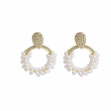 Gold Rhinestone Teardrop Pearl Cluster Circle Earrings