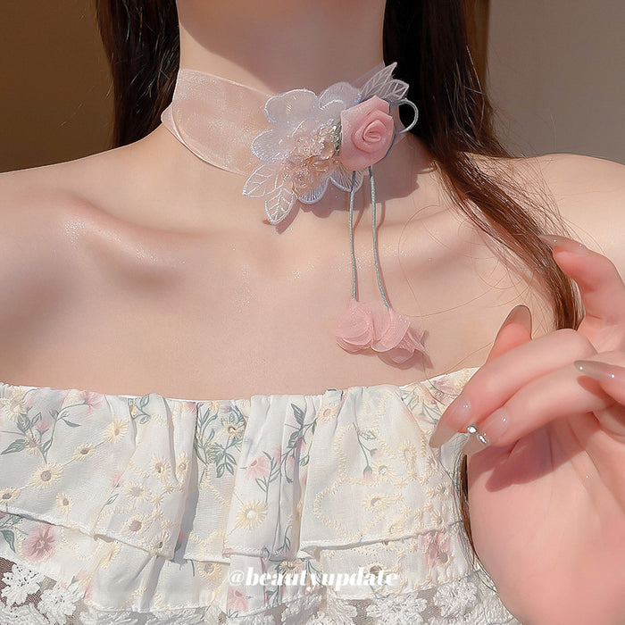 Sheer Pink Organza Ribbon Choker Fabric Rose Lace Flower
