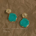 Gold Hammered Stud Teal Crystal Cluster Drop Earrings view 1