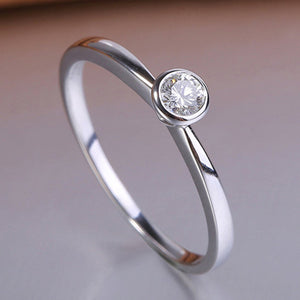 Bezel-Set Round Clear Stone Ring, Silver-Tone Brass, Slim Band
