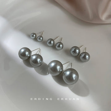 Grey Glass Pearl Round Stud Earrings Multiple Size Options