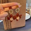 Brown Iridescent Flower Gold Ring Statement Earrings view 3