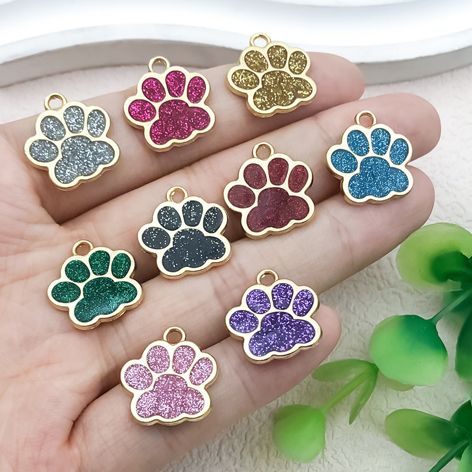Glitter Enamel Zinc Alloy Dog Paw Print Charm Pendant for Pet Bracelet DIY
