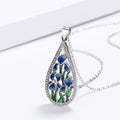 Silver Teardrop Blue Green Enamel Flower Pave Pendant Necklace view 4