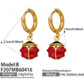 Red Enamel Ladybug Drop Hoop Earrings in Three Gold Tone Designs view 8