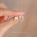 Gold Layered Square Stud Earrings Cat Eye Crystal Frame view 1