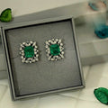 Green Rectangular Center Crystal Halo Stud Earrings Silver Tone view 2