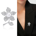Pearl and Crystal Five Petal Flower Brooch in Two Metal Tones view 2