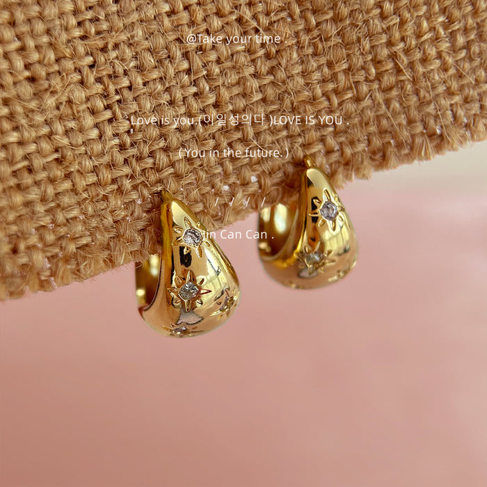 Gold Chunky Teardrop Huggie Hoops Crystal Star Accents