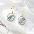 Gold Tone Rhinestone Oval Pressed Flower Drop Earrings in Four Designs view 5