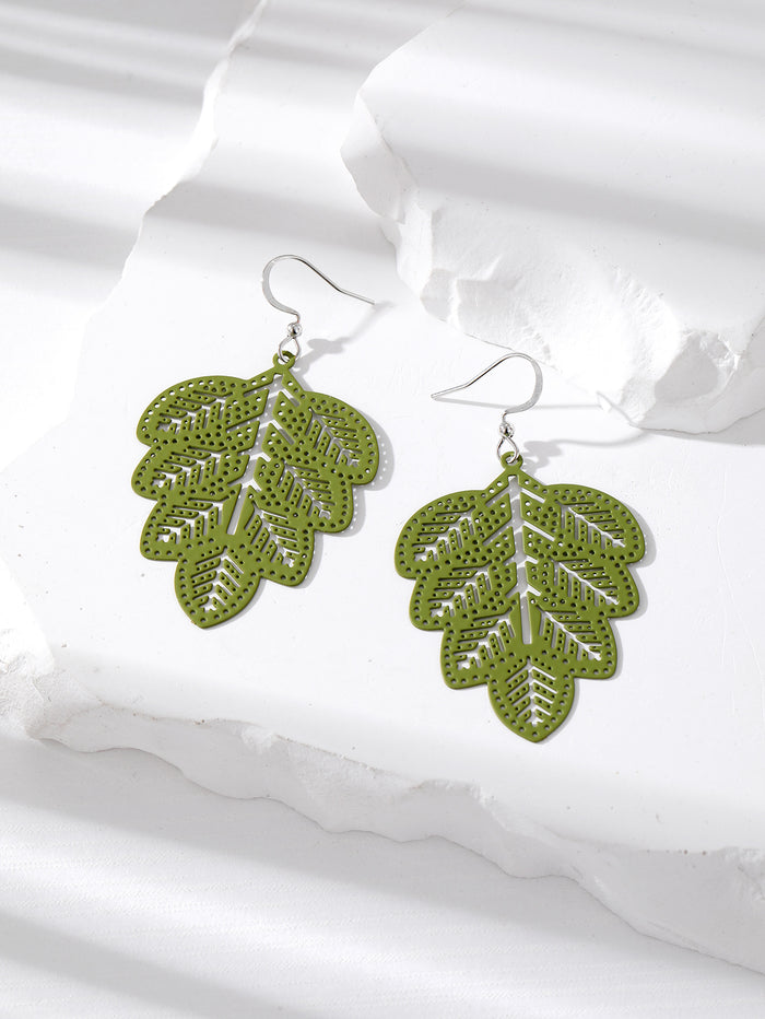 Silver Tone Large Openwork Leaf Hook Earrings in Four Colors
