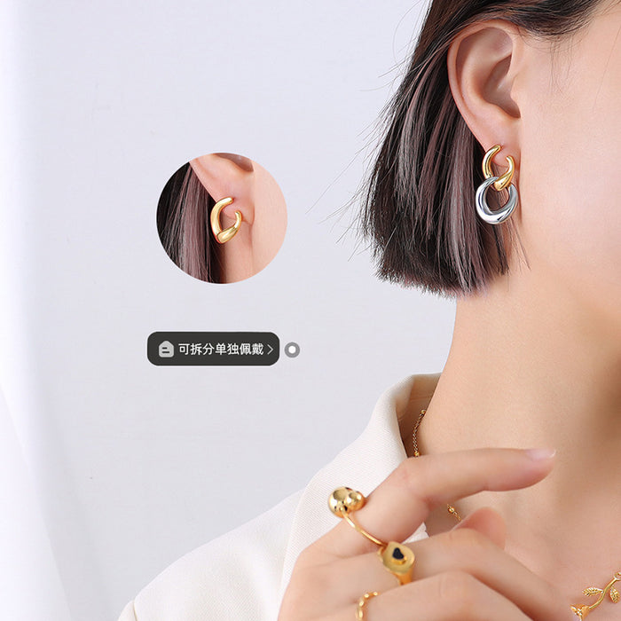 Detachable Dual Ring Stud Earrings Gold Steel Two-Tone Options