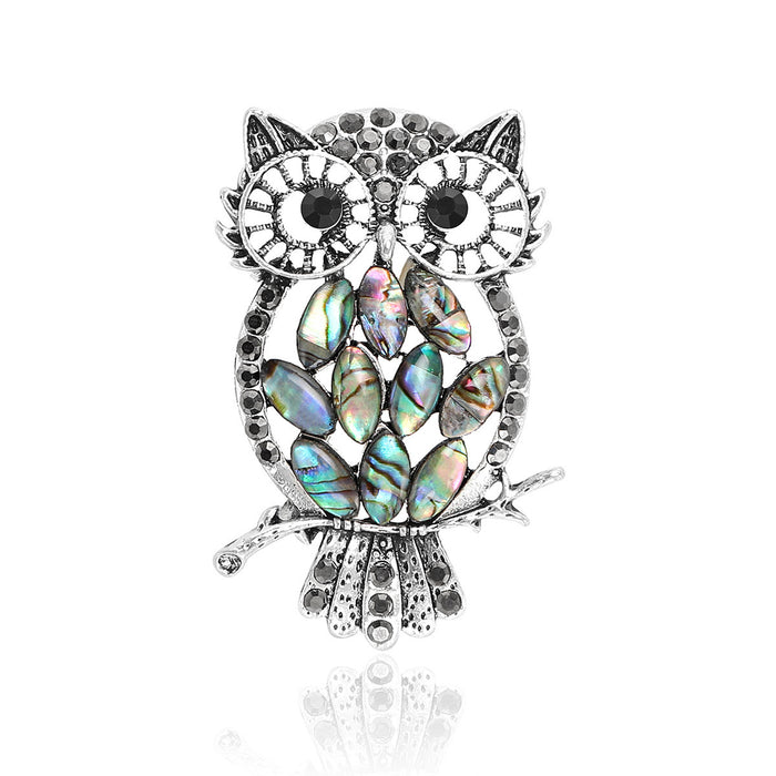 Antique Silver Owl Brooch Abalone Shell Body Black Stones