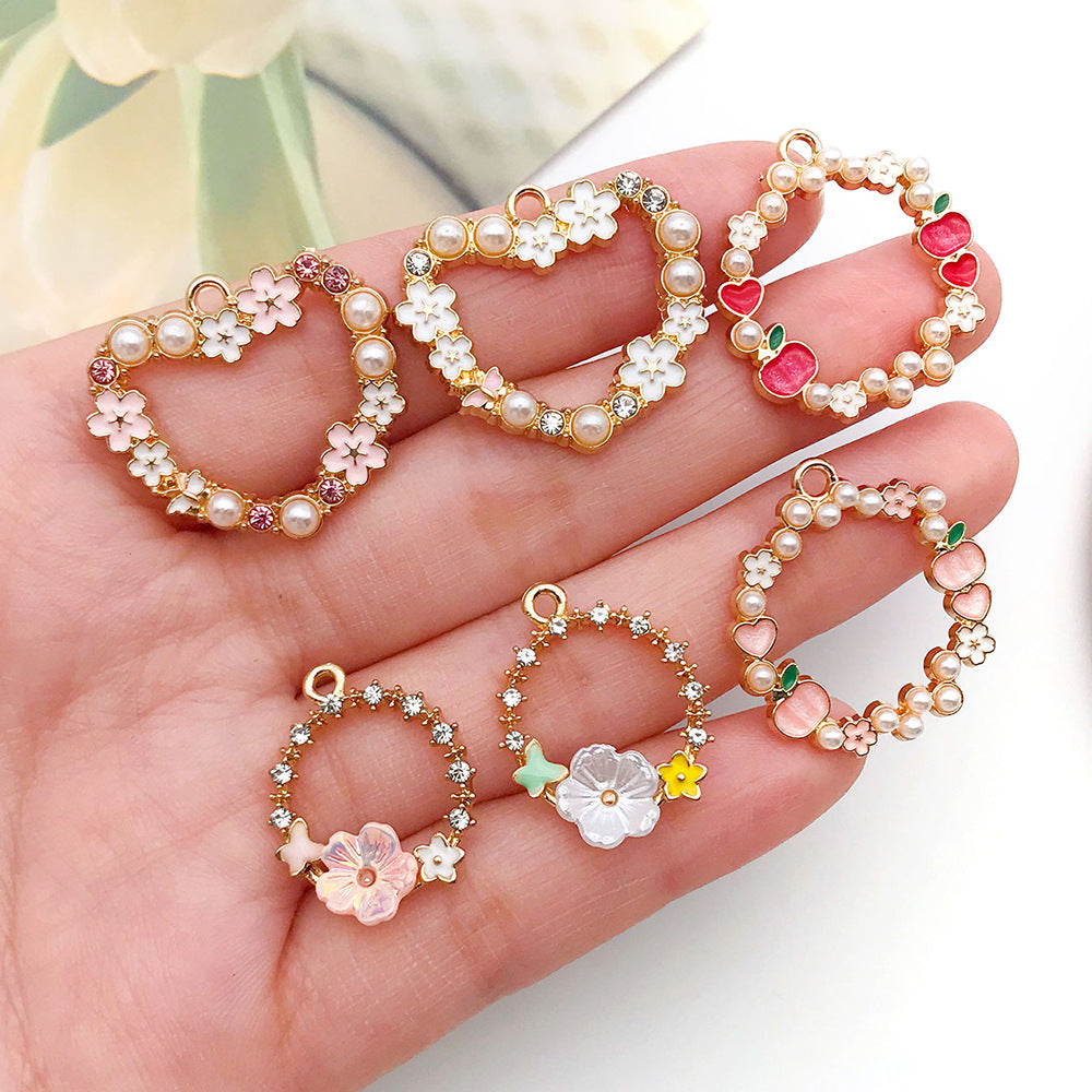 Zinc Alloy Pearl Wreath Heart Ring Flower Apple Charm Pendant for DIY Earring Keychain