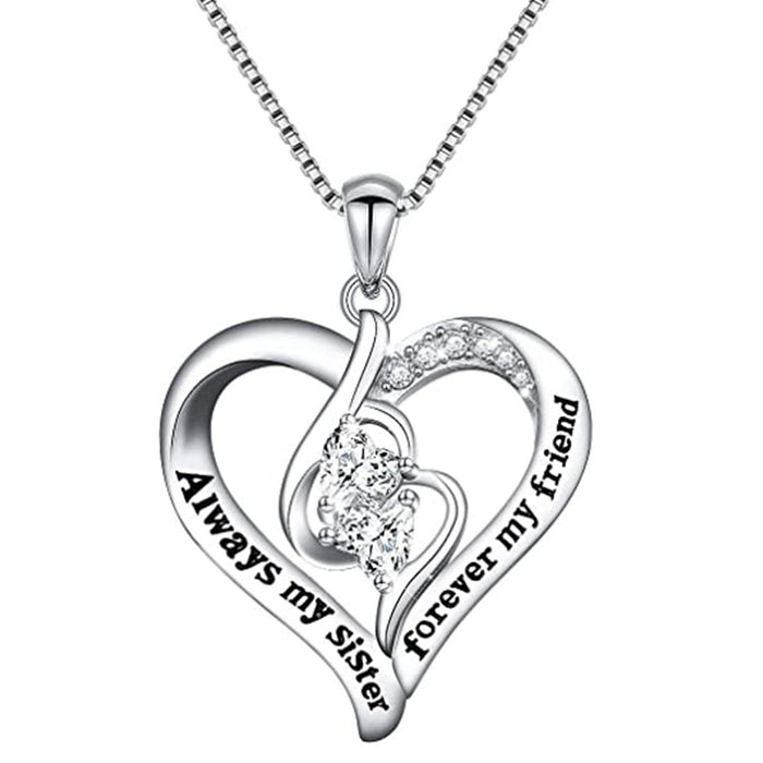 Silver Double Heart Sister Friend Engraved Pendant Necklace