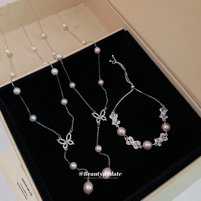 Silver Pearl Butterfly Y Necklaces And Bow Slider Bracelet