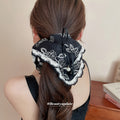 Ivory Black Floral Print Oversized Bow Scrunchie With Lace Edge view 3