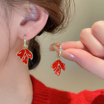 Gold Tone Red Enamel Maple Leaf Drop Huggie Earrings