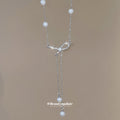 Silver Rhinestone Bow Pearl Y Necklace Dual Pearl Drops view 4