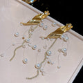 Gold Tone Leaf and Pearl Branch Dangle Stud Earrings view 6