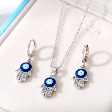 Silver Tone Crystal Hamsa Evil Eye Necklace and Huggie Earrings