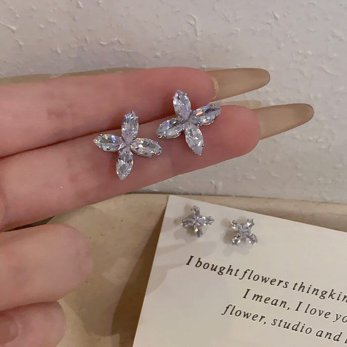 Silver Tone Magnetic Crystal Flower Stud Earring Set