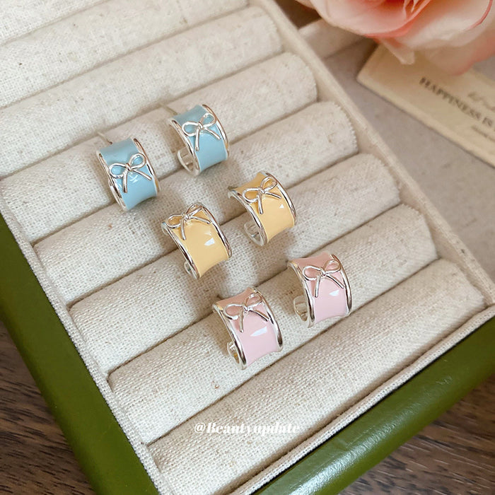 Pastel Enamel Bow C Hoop Earrings with Reflective Details
