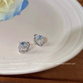 Silver Tone Clear Stone Openwork Stud Earrings With Aqua Accents view 3