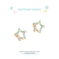 Open Star Stud Earrings Mint Enamel Pink Clear Stones view 1