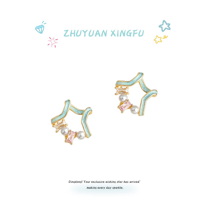 Gold Mint Enamel Open Star Stud Earrings Pink CZ Pearl