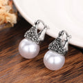 Antique Silver-Tone Rose Cap Pearl Drop Earrings, Latch-Back view 2