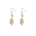 Gold Leaf Dangle Earrings White Pearl Fishhook Ear Wires view 5