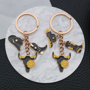 Black Enamel Western Hat, Boot, and Longhorn Keychain, Zinc Alloy