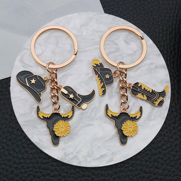 Black Gold Western Hat Boot and Floral Longhorn Keychain Pair