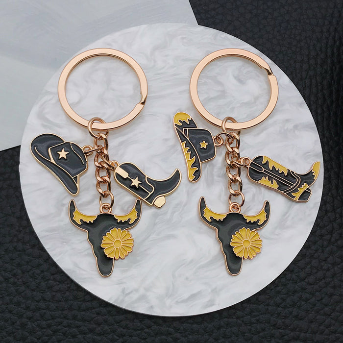 Black Gold Western Hat Boot and Floral Longhorn Keychain Pair