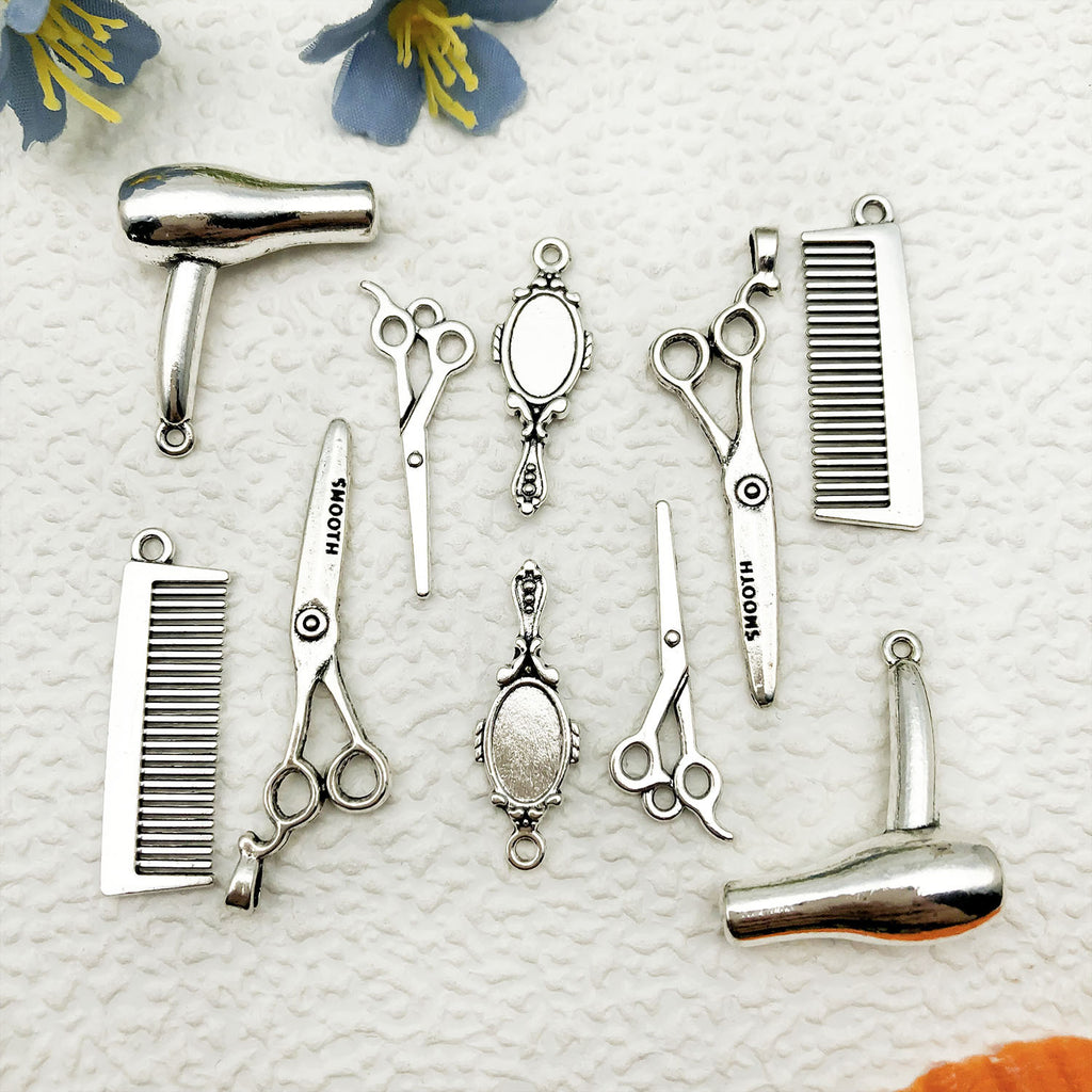 Zinc Alloy Comb Hair Dryer Scissors Mirror Barber Tool Charm Pendants for DIY Jewelry