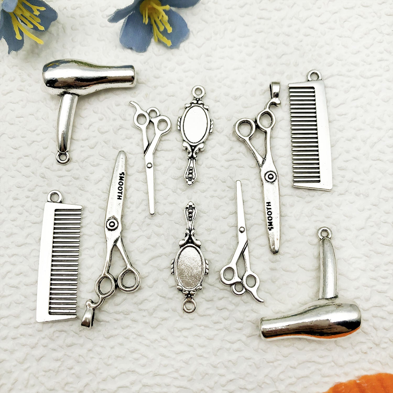 Zinc Alloy Comb Hair Dryer Scissors Mirror Barber Tool Charm Pendants for DIY Jewelry
