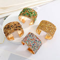 Gold Tone Crushed Stone Wide Open Cuff Bracelets in Seven Colorways view 1