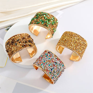 Gold Tone Crushed Stone Wide Open Cuff Bracelets in Seven Colorways