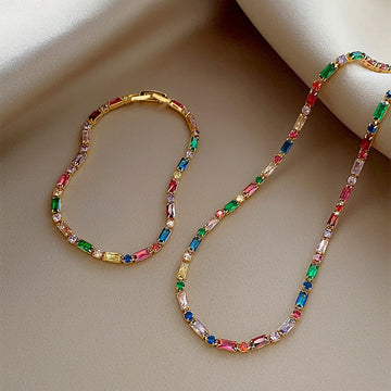Gold Tone Multicolor Rectangular Stone Bracelet With Unlisted Necklace