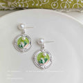 Silver Pearl Green Enamel Floral Medallion Drop Earrings view 1