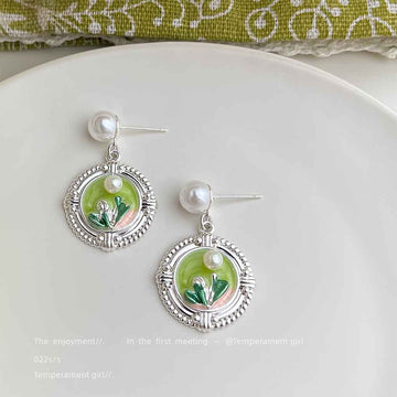 Silver Pearl Green Enamel Floral Medallion Drop Earrings