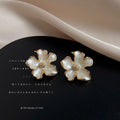 Gold White Enamel Flower Stud Earrings Beaded Centers view 1