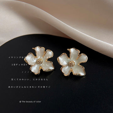 Gold White Enamel Flower Stud Earrings Beaded Centers