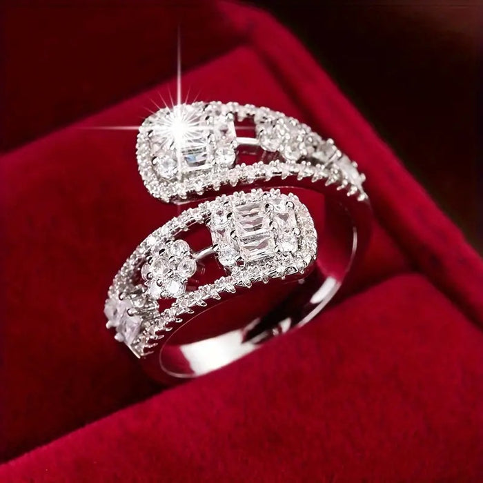 Open Adjustable Bypass Halo Ring Clear Baguette Stones