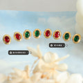 Oval Bezel Red Green Zircon Stud Earrings Gold Steel view 2