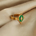 Gold Open Ring Green Enamel Hexagon Diamond Motif Beads view 4