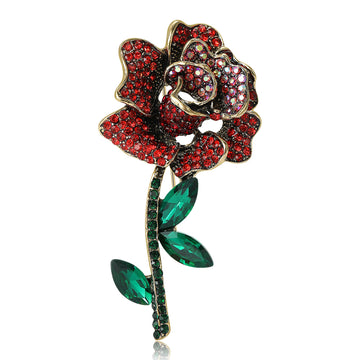 Long Stem Crystal Rose Brooch in Four Colors for Jackets, Coats, and Scarves