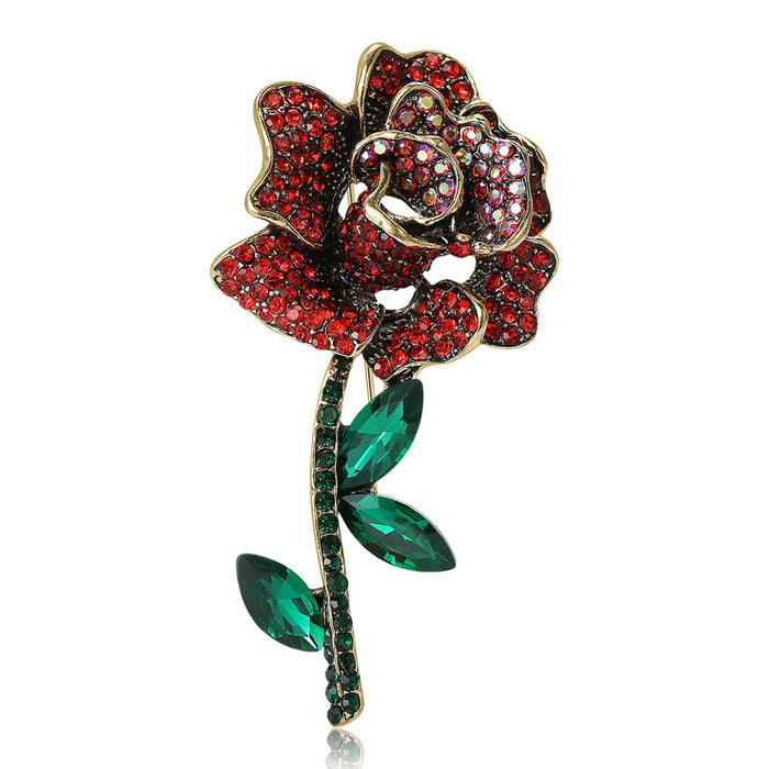 Long Stem Crystal Rose Brooch in Four Colors for Jackets, Coats, and Scarves