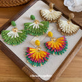 Colorful Woven Fan Flower Statement Drop Stud Earrings view 2